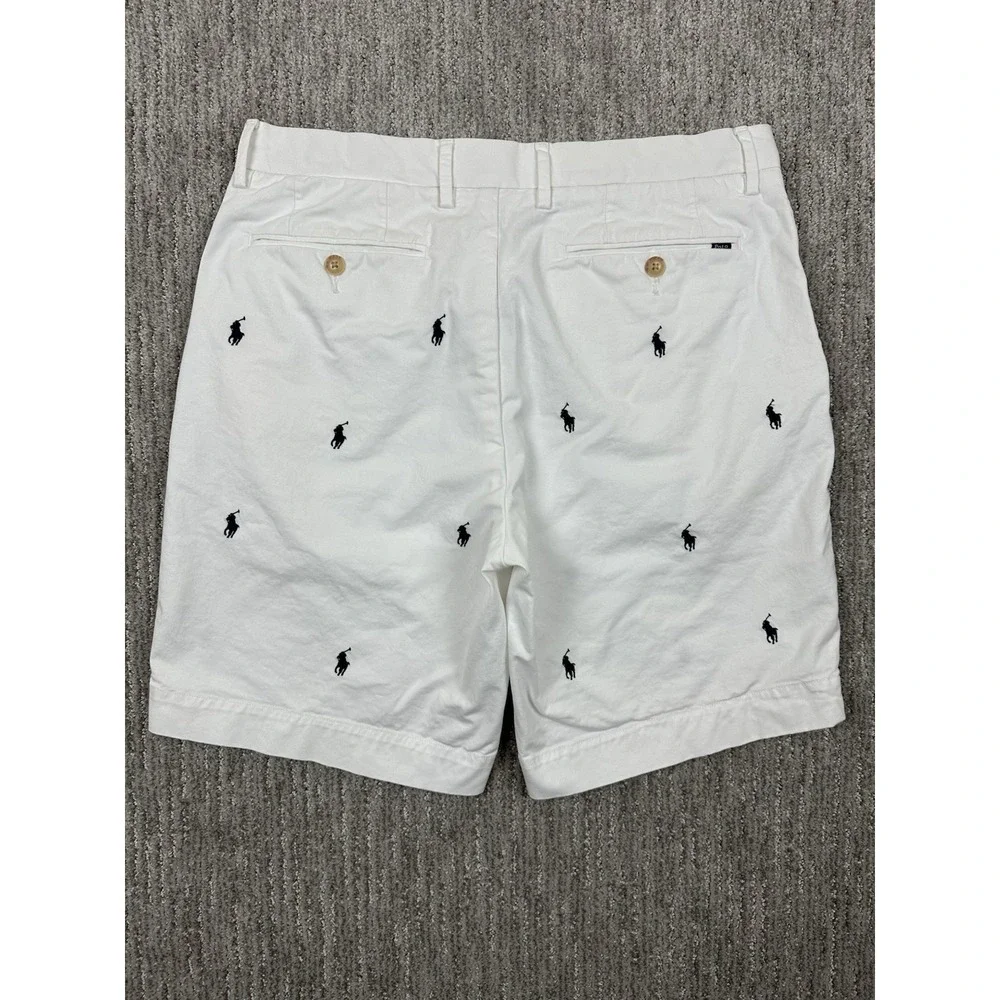 Polo Ralph Lauren Shorts Men 32 White Chino Flat Front All Over Pony Classic AOP